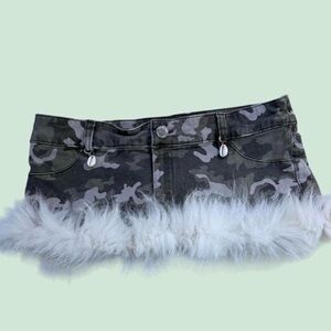 Upcycled Calvin Klein Camo Mini Skirt with White Fur Trim